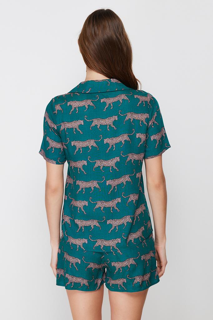 Women's Fashion New Pajama Set Emerald Green Patterned Viscose Shirt-Shorts Woven Pajama Set