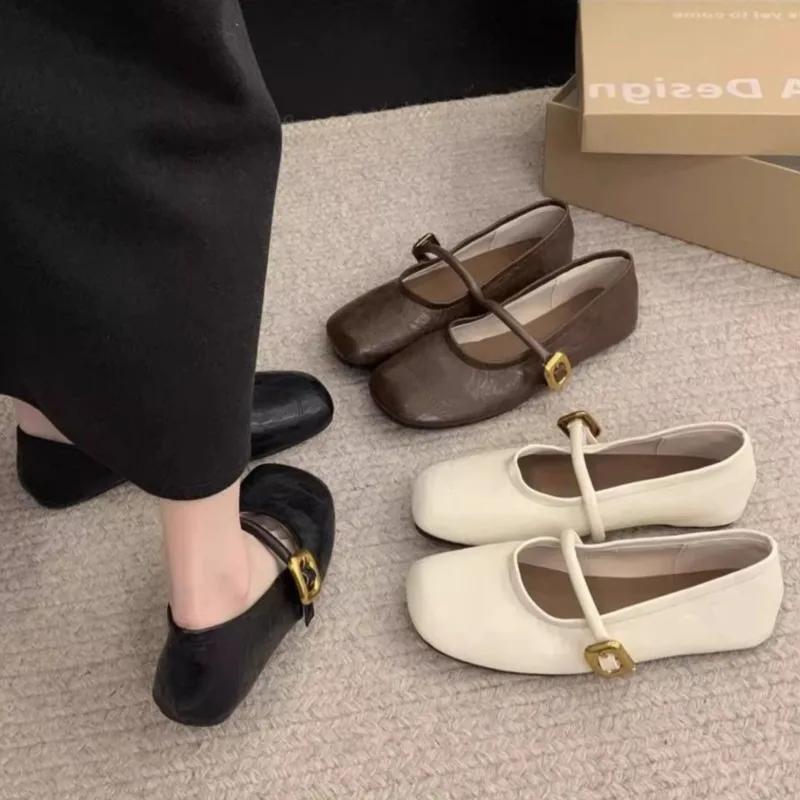 Женские туфли Мэри Джейн, новые дизайнерские туфли на плоской подошве с пряжкой и ремешком, кожаные мягкие женские туфли с квадратным носком, черные туфли на плоской подошве Zapatos Mujer