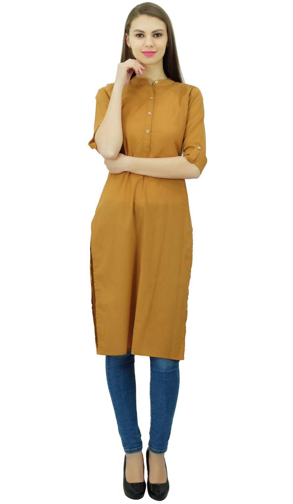 Phagun Cotton Plain Kurti Tunic Mandarin Collar Ethnic Casual Kurta Blouse