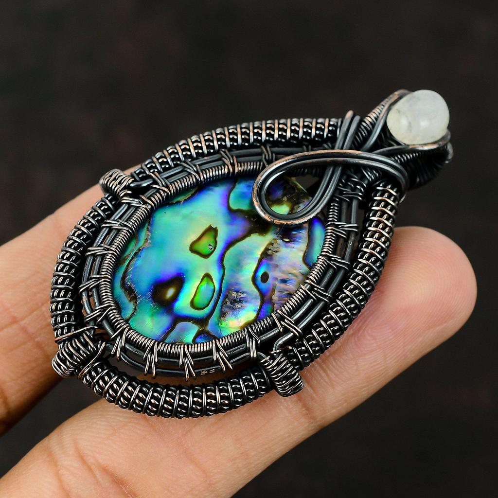 Кулон из раковины абалона, кулон, обмотанный медной проволокой, ювелирное изделие с драгоценным камнем, кулон ручной работы, подарки для нее, медное ювелирное изделие, кулон из радужного лунного камня