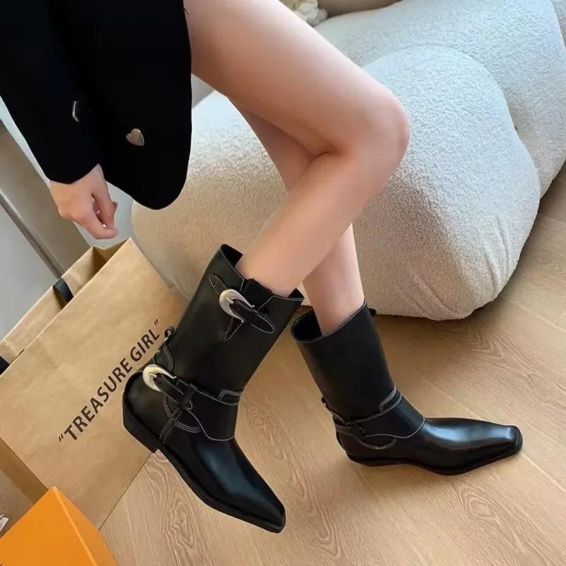 Fashion 2024 High Quality Shoes Female Mid-Calf Women's Boots Elegant Modern Boots Women Buckle Pointed Toe Slip On Low Heel Shoes Women