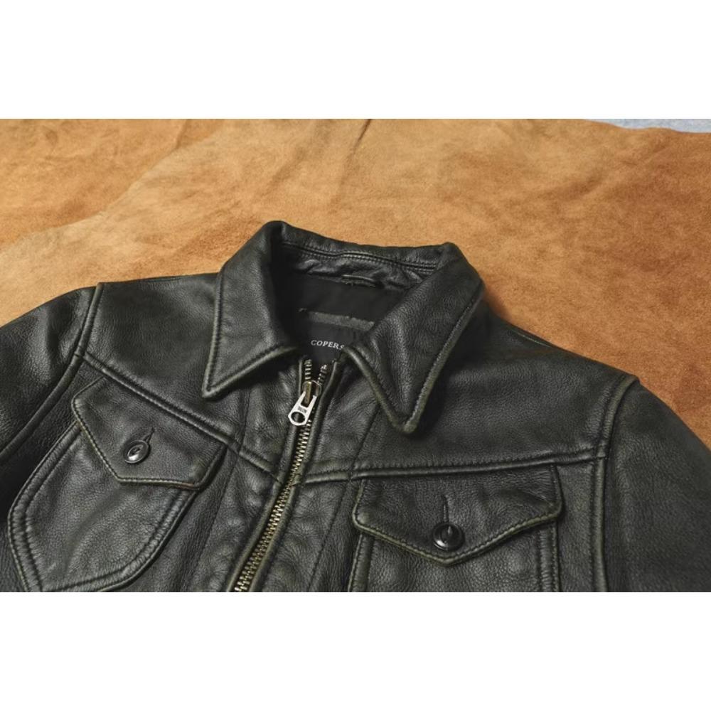 Китайский размер, винтажная оливково-зеленая натуральная воловья мужская кожаная куртка, осеннее пальто с отложным воротником из натуральной кожи