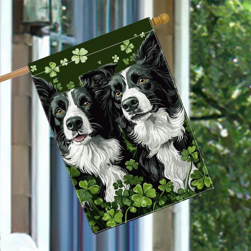 Double-Sided Polyester Garden Flag, St. Patrick'S Day Border Collie Design, Outdoor Lawn & Courtyard Decor, No Electricity Needed, Flag Only