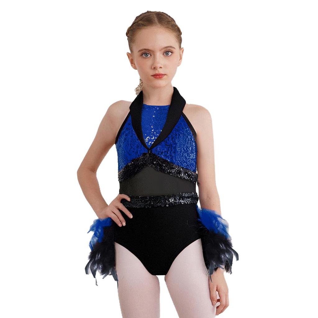 Girls Dance Costume Turn-Down Collar Sleeveless Sheer Mesh Keyhole Back Shiny Sequins Feather