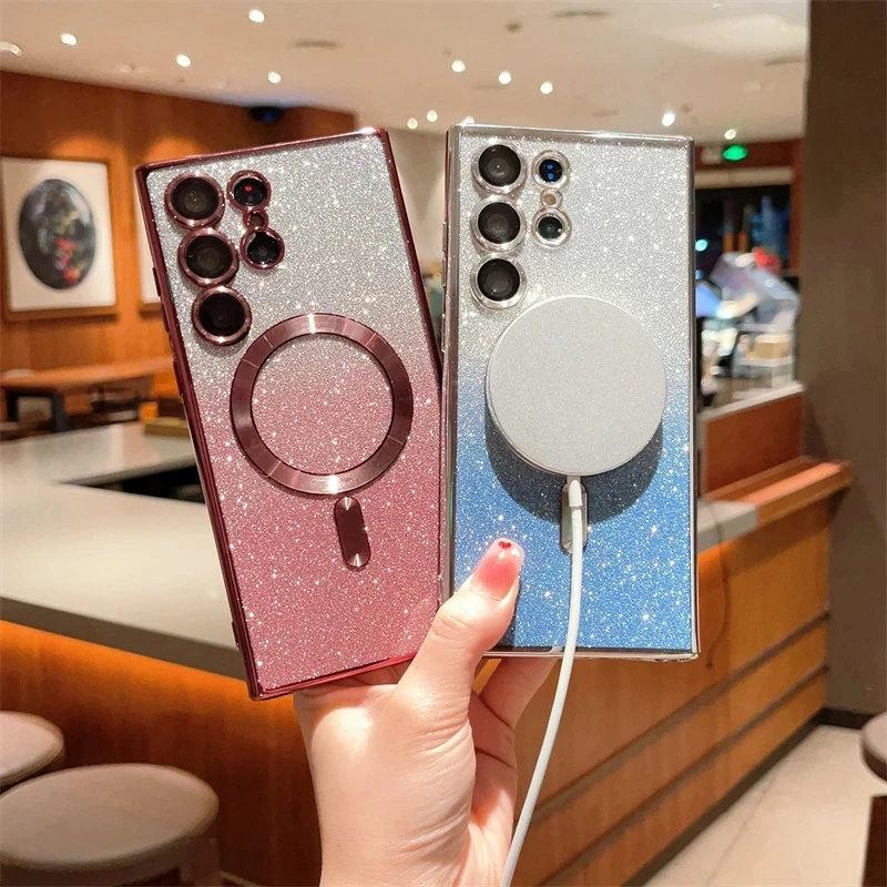 Роскошный блестящий магнитный женский чехол для Magsafe для Samsung Galaxy S24 S23 S22 Ultra Plus, аксессуары, чехол для беспроводной зарядки