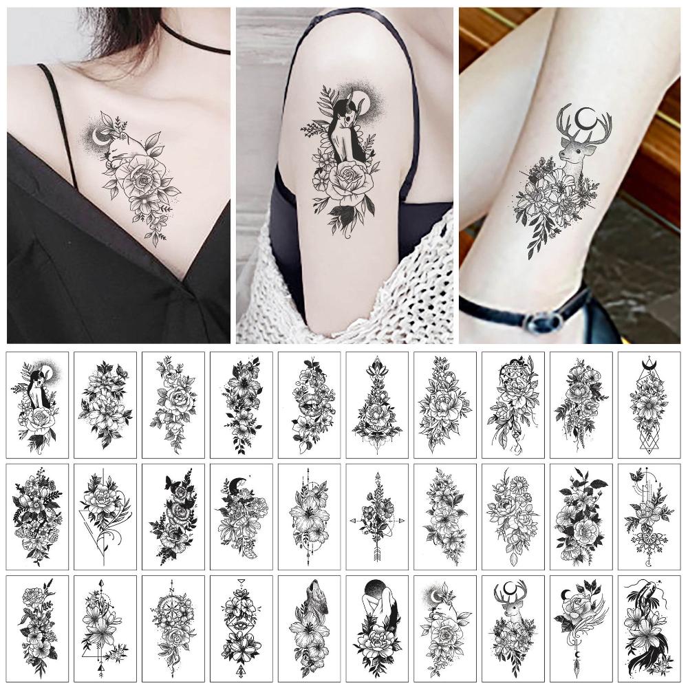 30pcs/Set Women Easy To Use Black Rose Flowers Arm Decal Temporary Tattoos Body Stickers Fake Tatoo