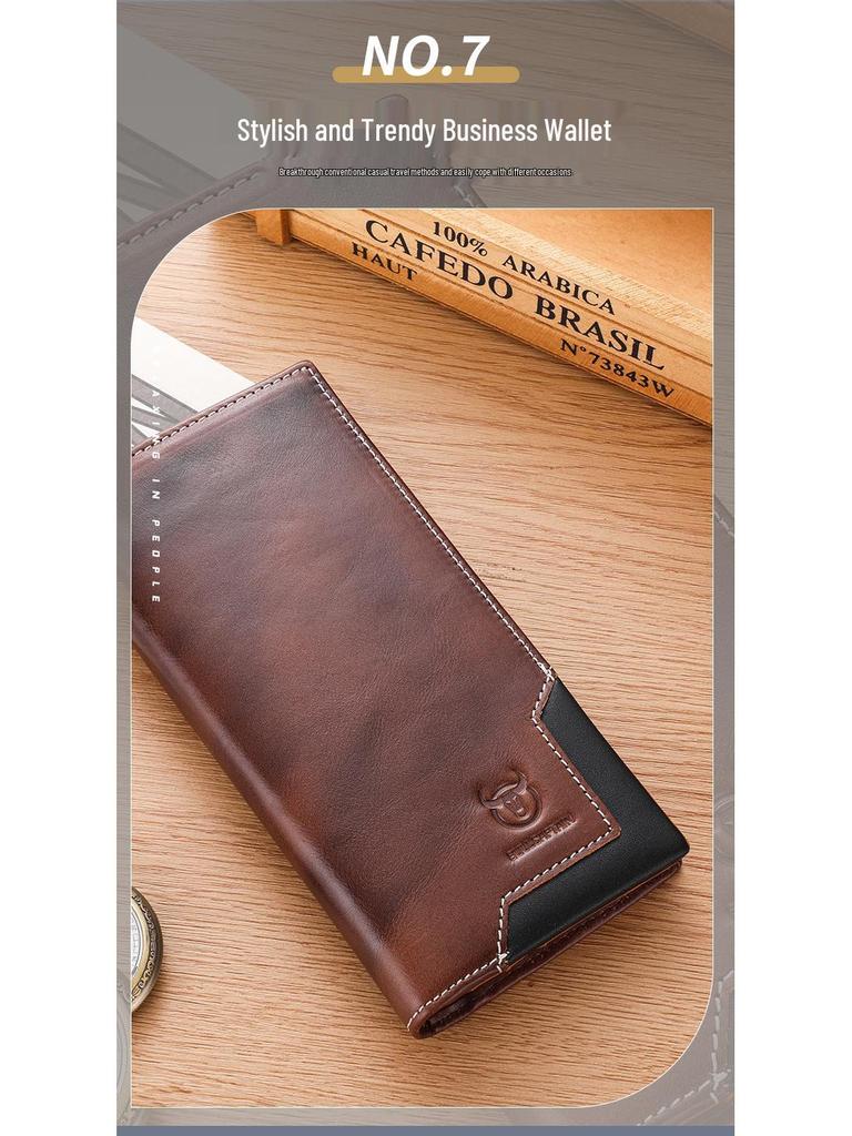 Cow Captain Мужской ретро длинный кошелек-бифолд из натуральной кожи - Масло-воск, Большая вместимость, Отделение для монет