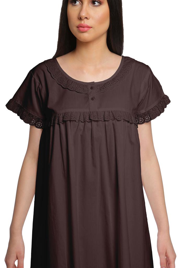 Moomaya Cotton Lace Neckline Sleepwear For Ladies Round Neck Womens