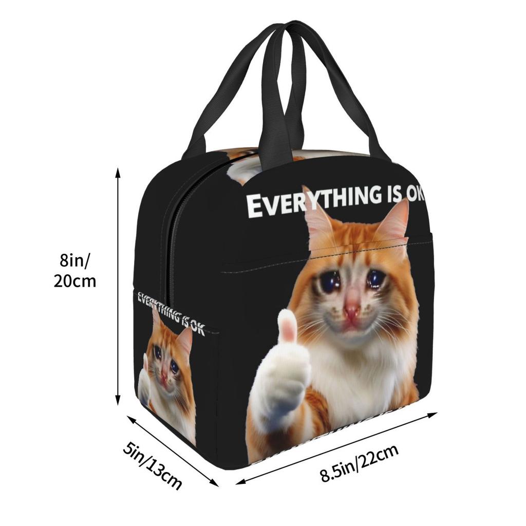 Everything's Ok Crying Cat Memes Insulated Lunch Bag for Women Kids Portable Food Boxes Thermal Lunch Box Tote
