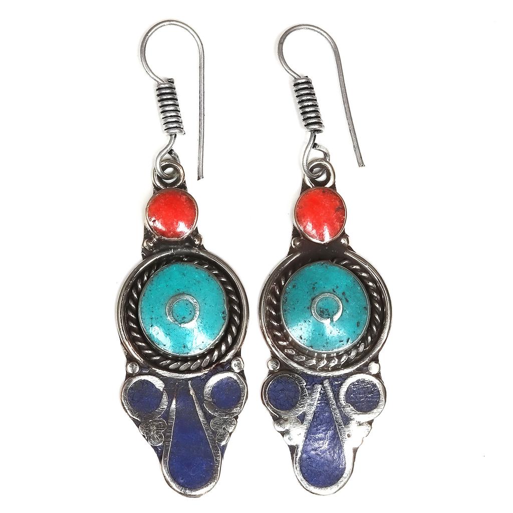 Exquisite Sterling Silver Nepalese Tribal Earrings with Multi-colored Stones