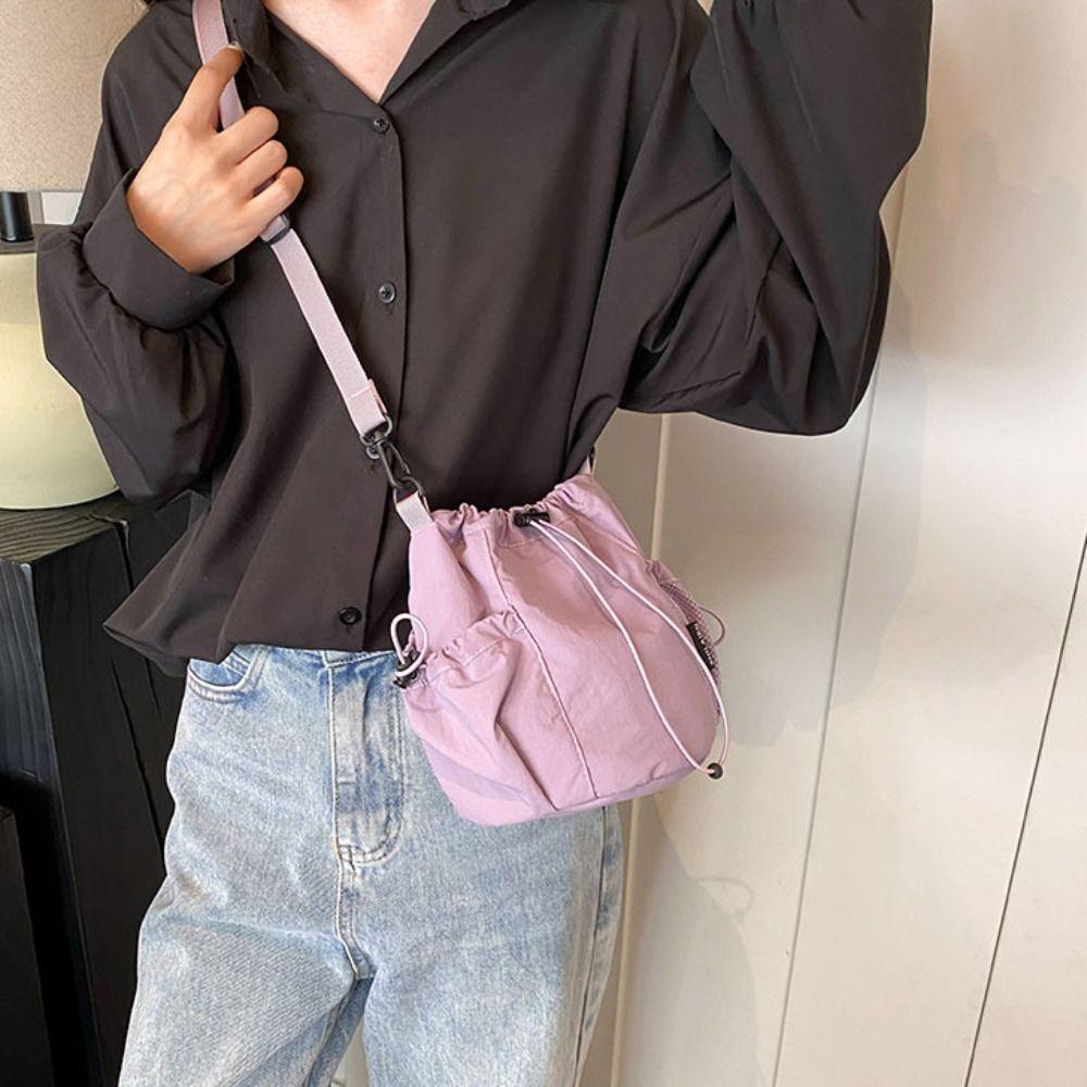 Korean Style Nylon Crossbody Bag Solid Color Shoulder Bag Cute Drawstring Bucket Bag  Office Worker