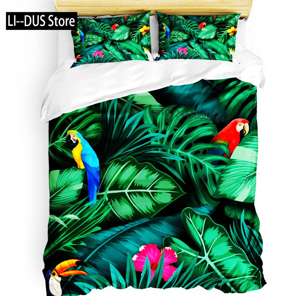 Комплект постельного белья Parrot King Queen с милыми птицами и разноцветными перьями, пододеяльник с тропическими цветами, полиэстеровое одеяло