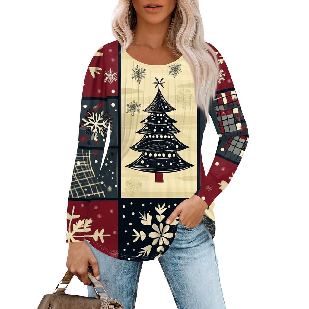 Женская повседневная футболка с круглым вырезом и длинными рукавами с рождественским принтом и складками