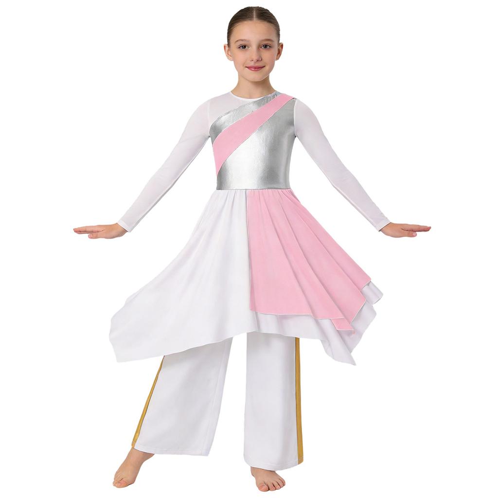 Girls Metallic Contrast Asymmetrical Hem Dress Wide Leg Pants Lyrical Praise Dance Costume Set