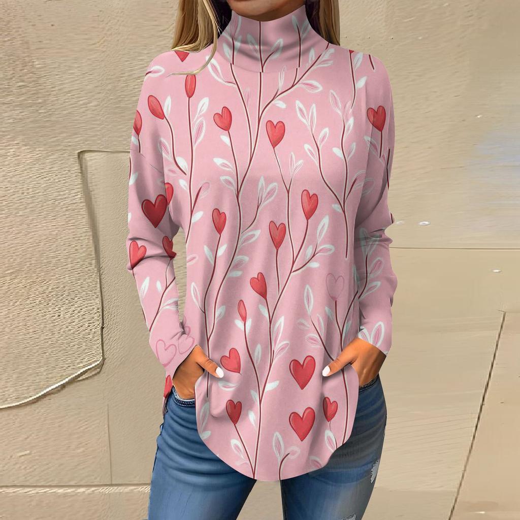 Футболки для женщин, осенние повседневные рубашки с длинным рукавом, толстовка с принтом, топ с высоким воротом, пуловер