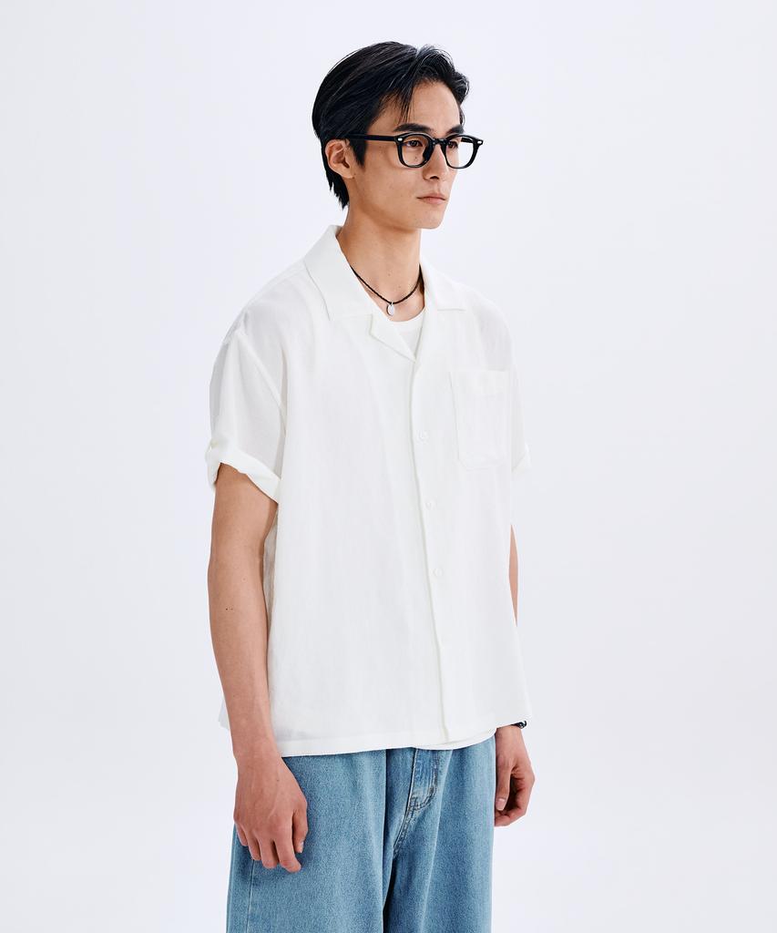 TAKEASY Linen-Like Roll-Up Half Shirt (White)