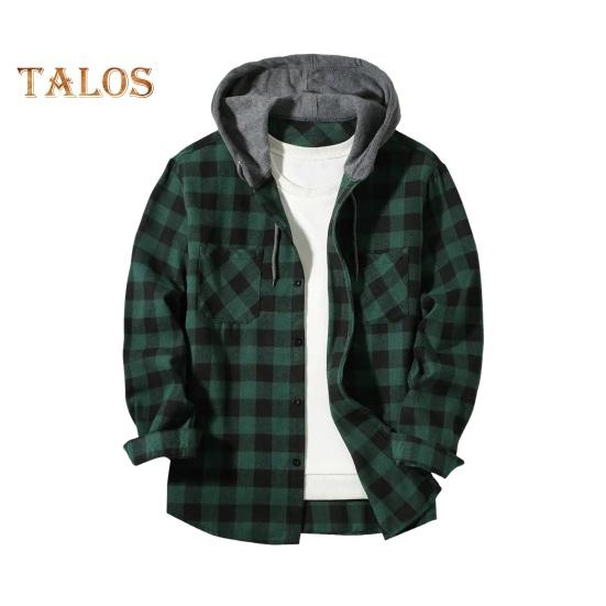 Fall Spring Men Shirt Hooded Drawstring Long Sleeves Color Matching Plaid Print Single-breasted Daily Wear School Home Shirt Coat