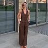 Womens Brown V-Neck Sleeveless Vest Long Pants Set Cotton Linen Blend Casual Workwear