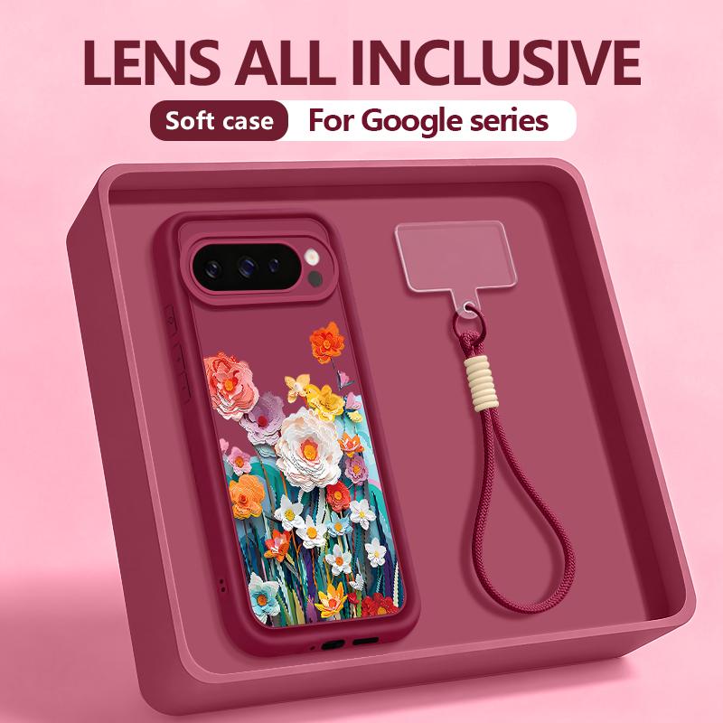 Blue Lily Flower Pattern Phone Case For Google Pixel 10 9 8 7 Pro Pixel 9 10 Pro XL 7A 8A 9A Shockproof TPU Soft Lanyard Cover