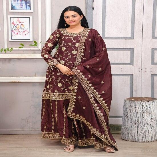 Maroon Embroidered Sharara Suit with Dupatta