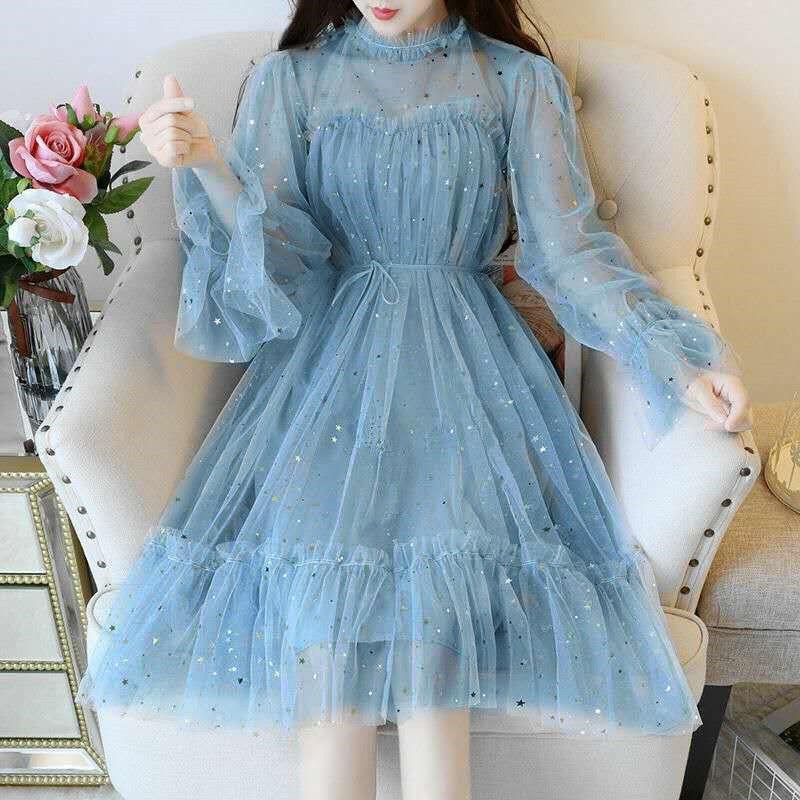 Элегантное женское блестящее платье феи с круглым вырезом на весну и лето, расшитое звездами и блестками, женское элегантное блестящее газовое платье принцессы с пышными юбками