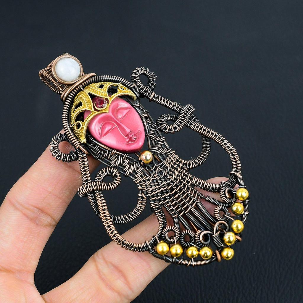 Carved Pink Face & Moonstone Jewelry, 999 Copper Wire Wrapped Pendant Handmade Gemstone Jewelry, Gifts For Wife Brand New Pendant