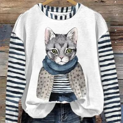 Полосатая толстовка с котом для женщин, модный пуловер с круглым вырезом, топ, повседневная уличная одежда, женский свитер в стиле хип-хоп, женский свитер, одежда