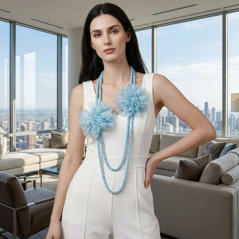 Flower Designing Long Necklace Elegant Style Belly Jewelry Pearls Accent Necklace  Daily Accessory