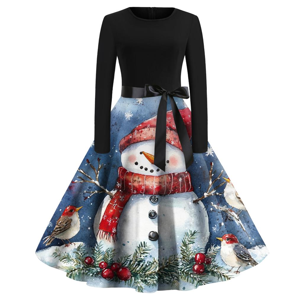 Christmas Print Flare Dress For Women Long Sleeve Dress Hollow Party Casual Dresses