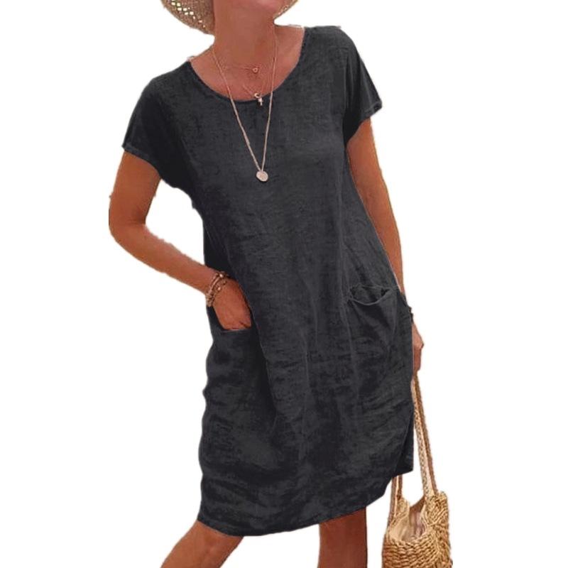 Summer Loose Solid Color Pocket Short Sleeve Crew Neck Dress for Women