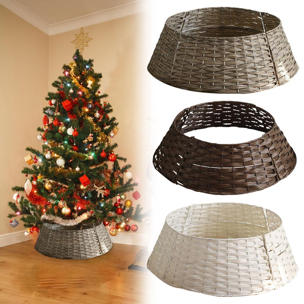 Rustic Christmas Tree Collar Woven Wicker Tree Base Stand Cover For Artificial Holiday Decoration Ring Skirt Basket For Tree, Natural & Stable