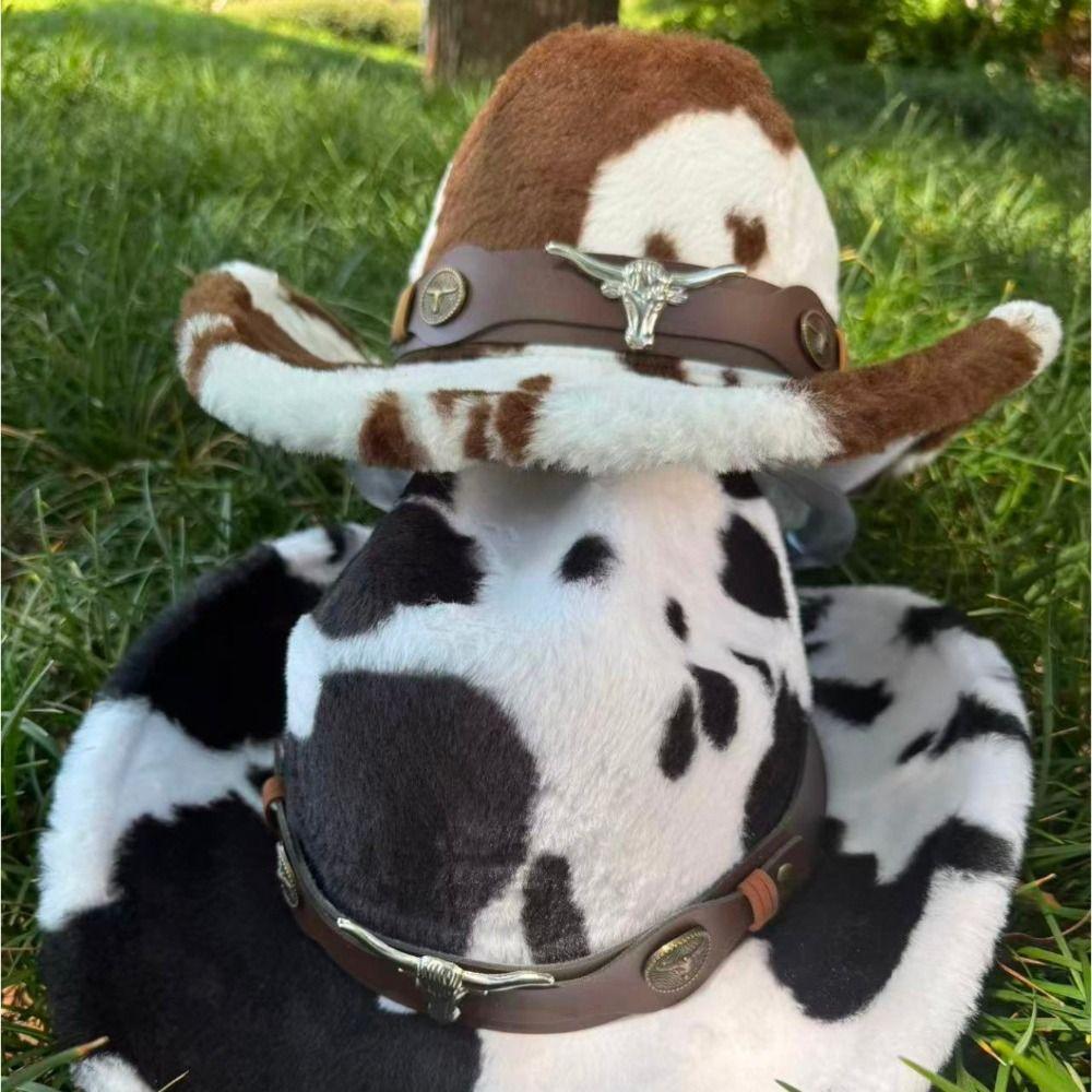 Fuzzy Bull Head Buckle Cowboy Hat Leather Strap Plush Cowboy Hat Western Cowboy Hat For Men Women