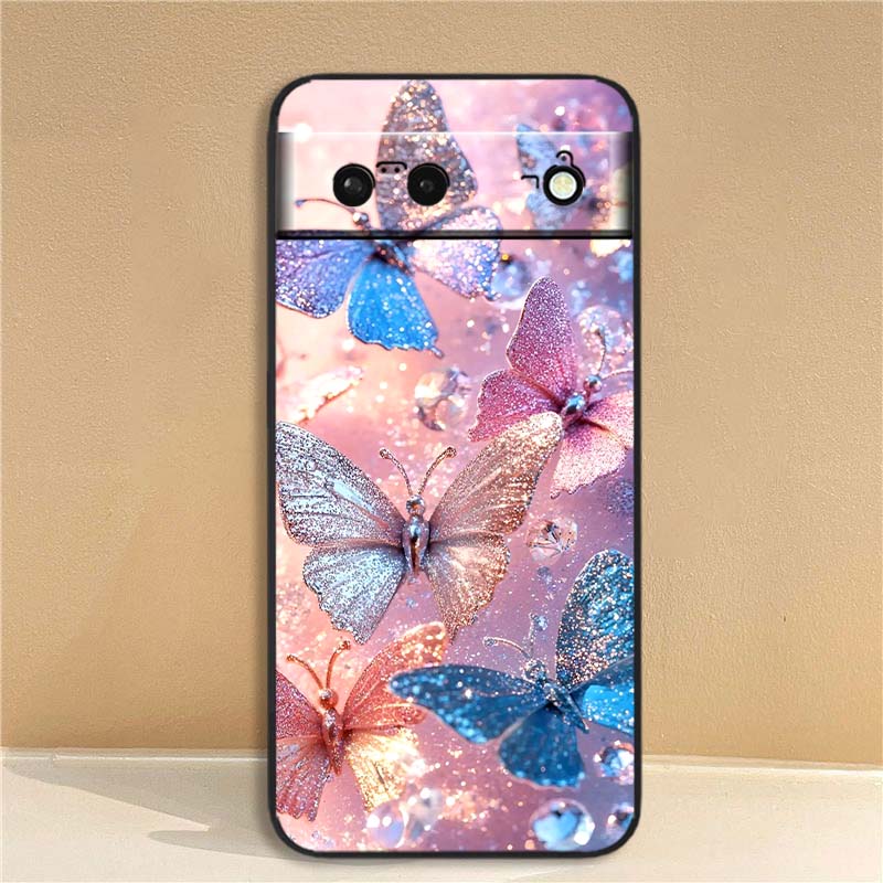 Цветочный узор с бабочками Для Google Pixel 10 9a 9 8A 8 7 7A 6 6A Pro XL 2024 5G Черный Мягкий ТПУ Силиконовый Чехол для Телефона