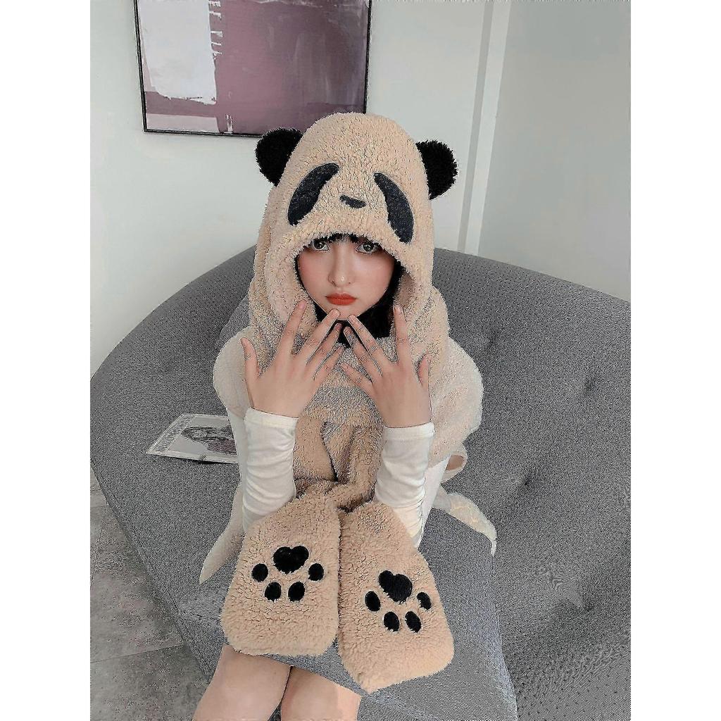 Cute Cartoon Panda Hat Winter Warm Hat Windproof Scarf and Gloves Set Cute Winter Thick Hooded Scarf with Mimics