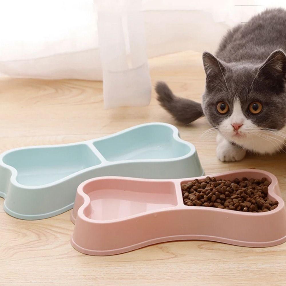 Пластиковая миска в форме кости для кошек, двойная миска для кормления кошек, устойчивая к опрокидыванию, поддон для кошачьего корма и питья для помещений