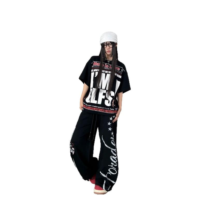 Unisex Wide Leg Pants With Letter Stripe Print High Street Style Loose Fit Casual Trousers Fall