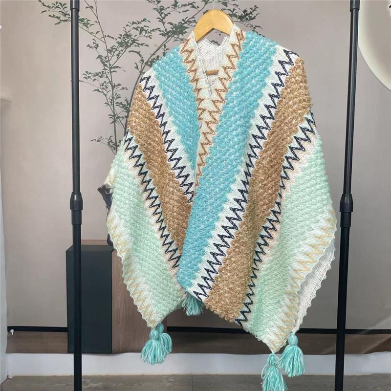 Ethnic Style Knitted Poncho Cape Vintage Bohemian Tassel Cloak Warm Shawl Travel Coat Cardigan Sweater