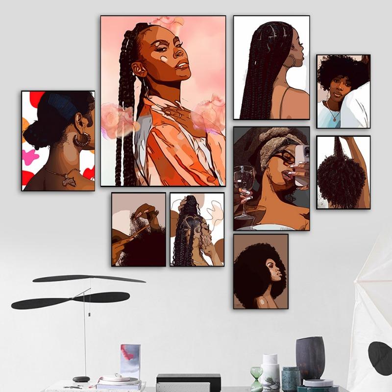Fashion Black Girl Canvas Painting Hair Salon Champagne Wall Art Living Room Posters and Prints Home Decorations