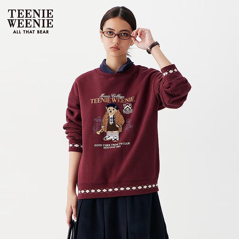 Teenie Weenie Women's Bear Plaid Patchwork Round Neck Sweatshirt