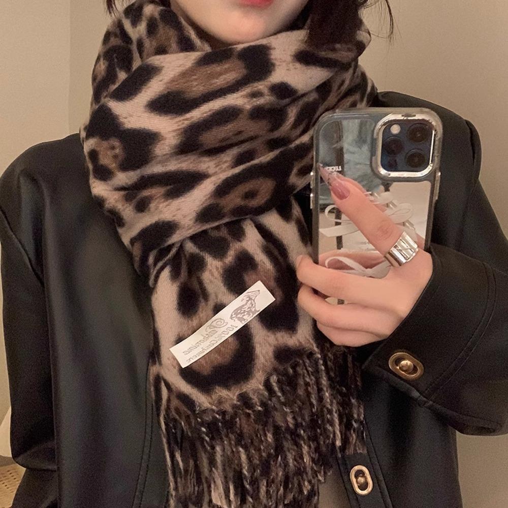 Сладкий Прохладный Шарф с Леопардовым Узором Ретро Шерстяная Шаль Элегантные Шарфы с Кисточками Мужской