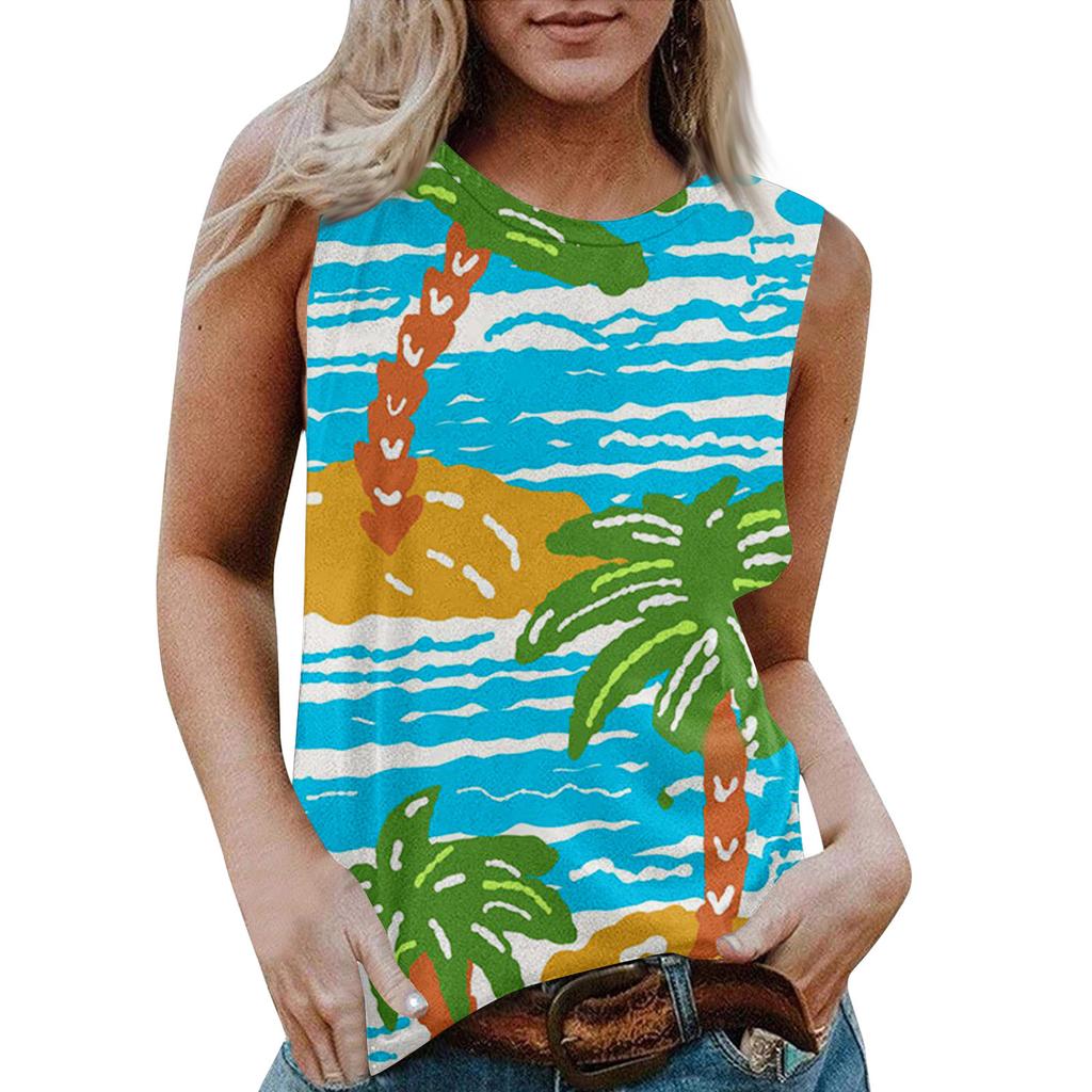 Женская повседневная футболка без рукавов с круглым вырезом и гавайским принтом