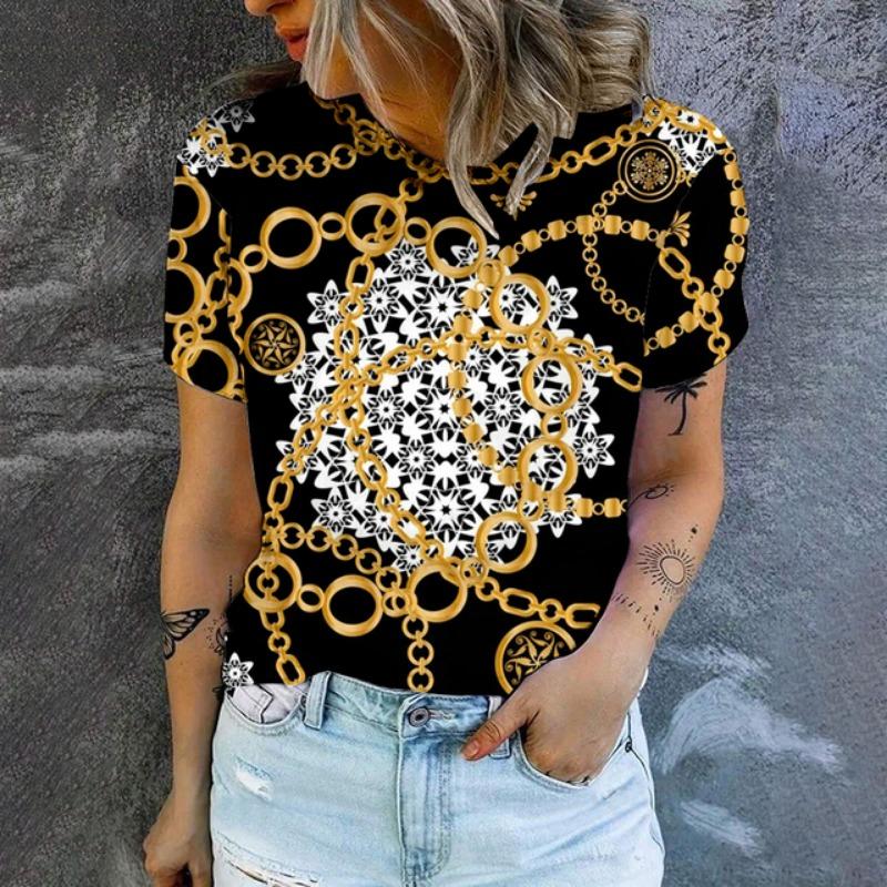 Женская футболка с принтом в стиле ретро с золотым ожерельем Футболка с модной популярной одеждой Футболка большого размера Летняя женская футболка с круглым вырезом