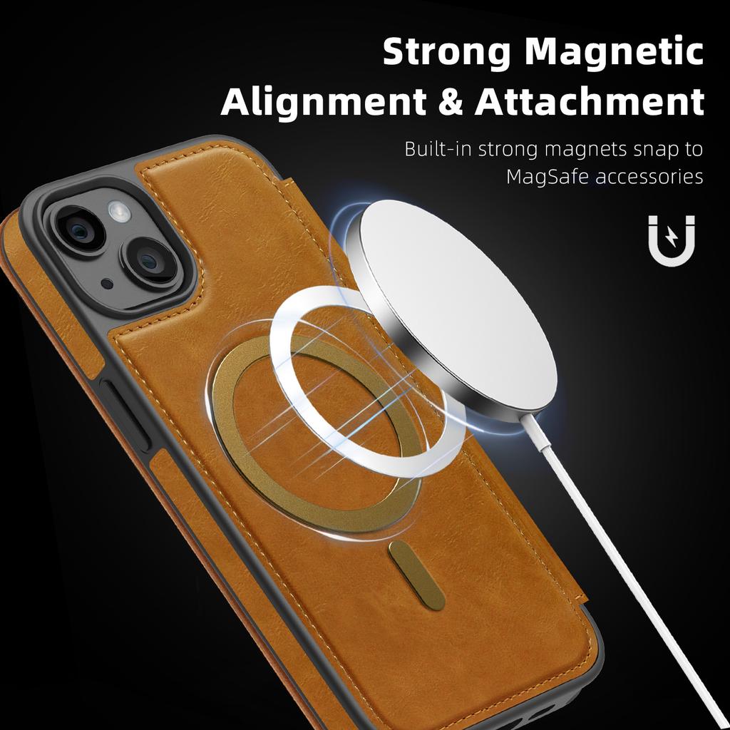 For iPhone 14 Plus Case Compatible with MagSafe RFID Blocking Card Holder Leather Phone Cover