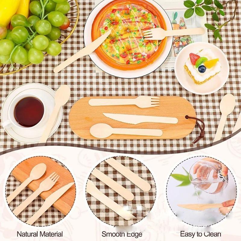 50/100 шт одноразовые деревянные ножи вилки ложки вечеринка ресторан пикник на открытом воздухе фастфуд торт десерт биоразлагаемый набор столовых приборов