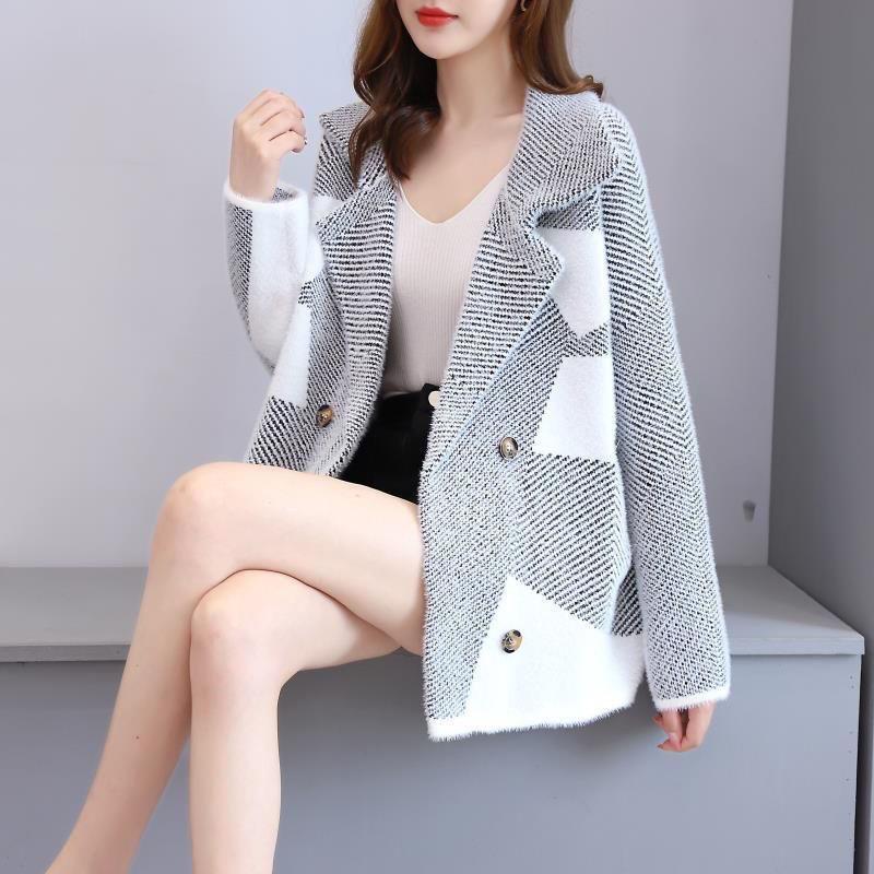 Autumn and Winter Thick Mink Velvet Women's Coat Loose with Suit Collar Knitted Cardigan Sweater Women's Outer Match