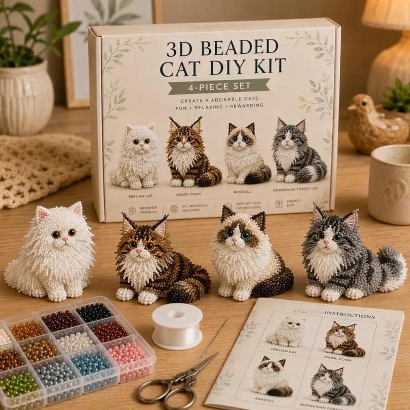 3D Beaded Cat Dog DIY Kit Cute Animal Craft Set with Instructions Handmade Beadwork for Beginners Craft Lovers Gift