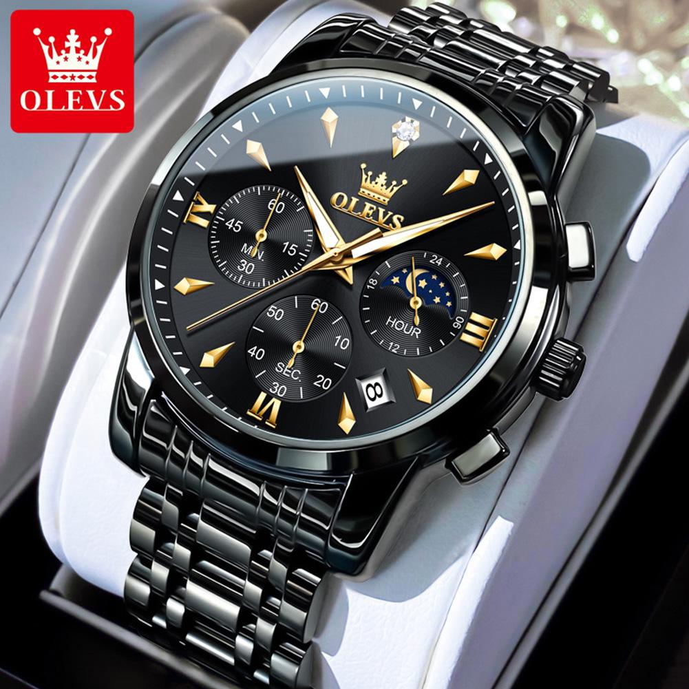 OLEVS 3639 Watches for Men Auto Date Waterproof Moon Phase Chronograph Stainless Steel Original Quartz Man Wrist Watch New