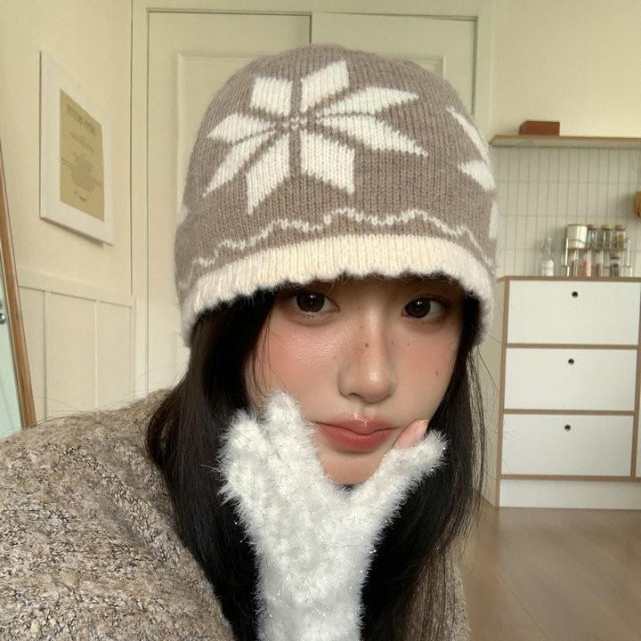 Ретро жаккардовая вязаная шапка-пуловер с большой снежинкой, осенне-зимняя атмосфера, теплая, универсальная, от холода, модная шерстяная шапка