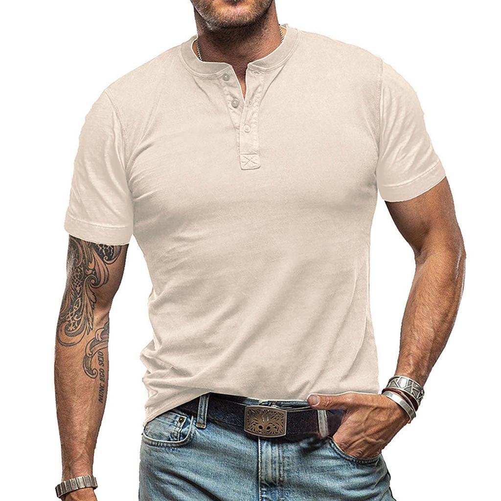 Summer European And American Men's Short Sleeved Men's Collarless T-shirt Solid Color Top
