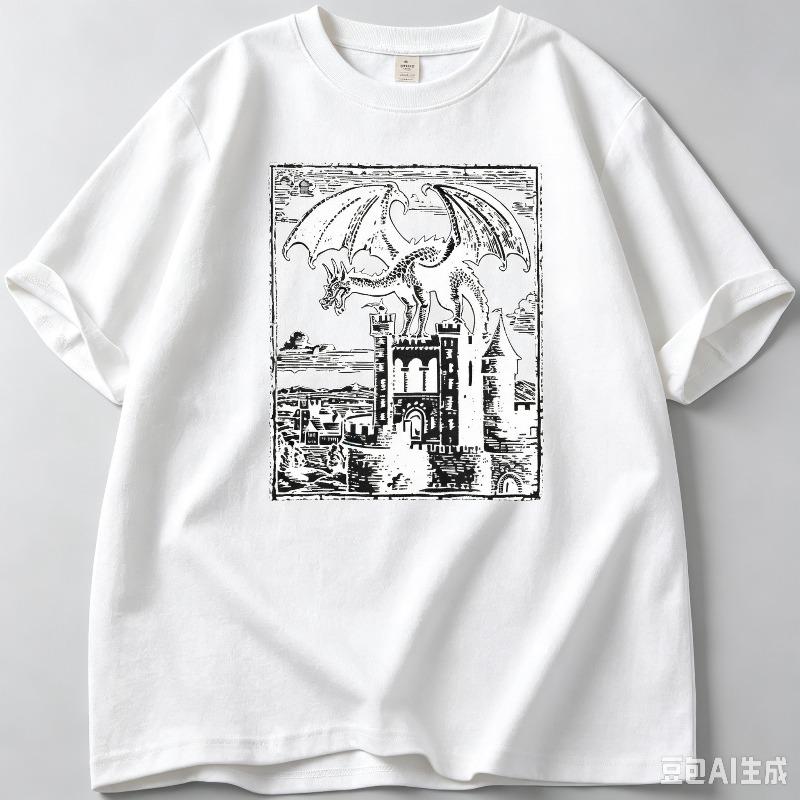 Vintage Woodcut Dragon Castle Graphic Tshirt Casual Short Sleeve Medieval Fantasy Print Crew Neck Unisex Summer Tee Top